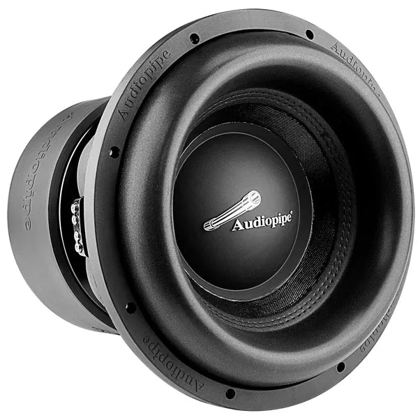 Audiopipe 12 in DVC subwoofer driver with black cone, surround, and center logo