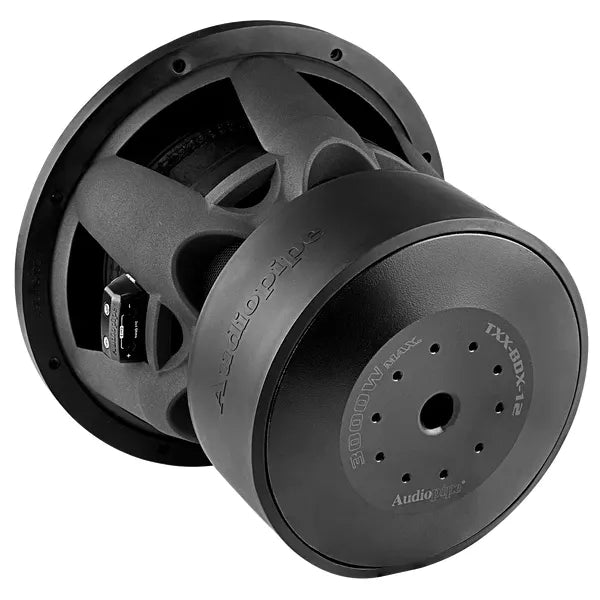 12-inch subwoofer speaker rear view with recessed cone and connection panel