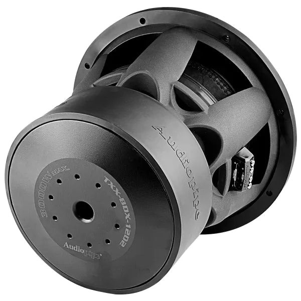 Audiopipe 12 in subwoofer backplate with stamped markings and vented mounting basket