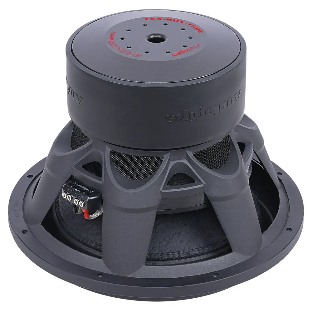 15-inch Audiopipe competition subwoofer rear view with terminals and dark frame grilles