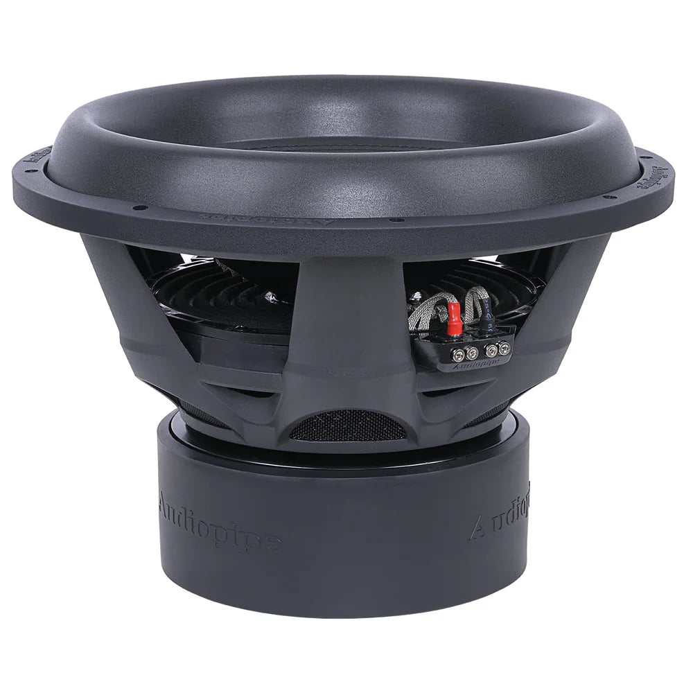 15-inch Audiopipe competition subwoofer top view with connector terminals and mesh vents