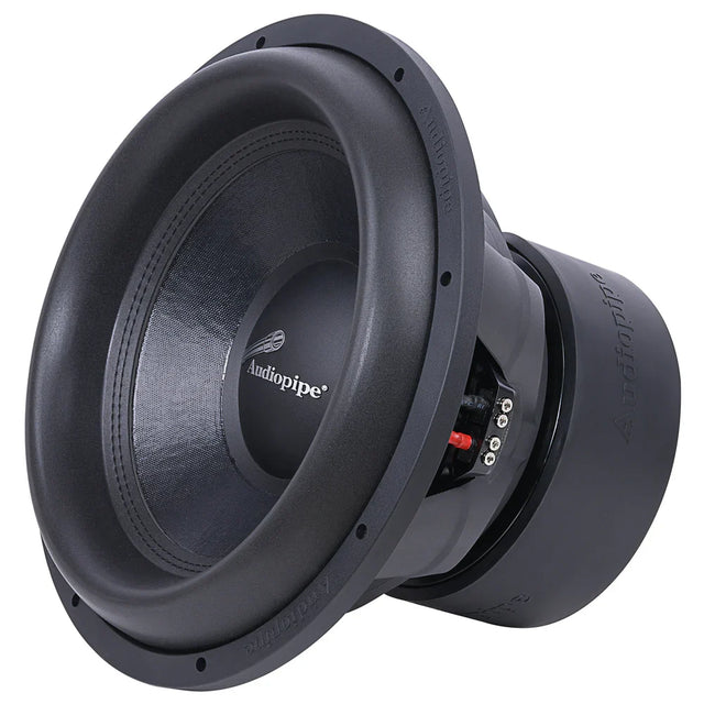 15-inch Audiopipe competition subwoofer showing terminals and dark cone surround