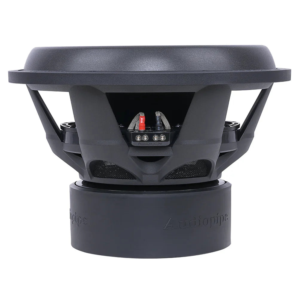 15-inch Audiopipe competition subwoofer top view with terminal blocks and red wire