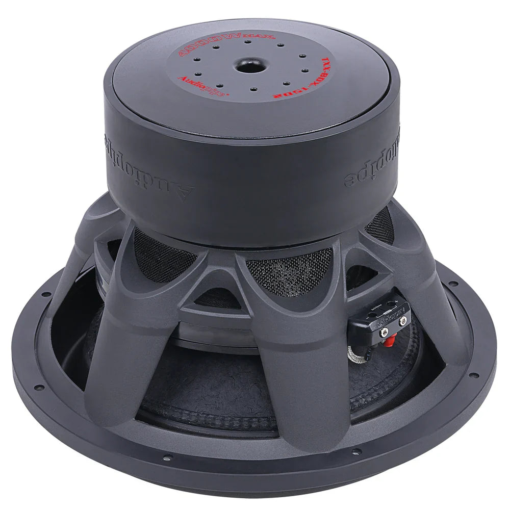 15-inch Audiopipe competition subwoofer rear magnet with red adjustment markings