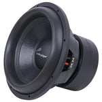 15-inch competition subwoofer, side view of black cone and rear terminals