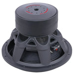 15-inch competition subwoofer, top-down view of black magnet assembly and vents