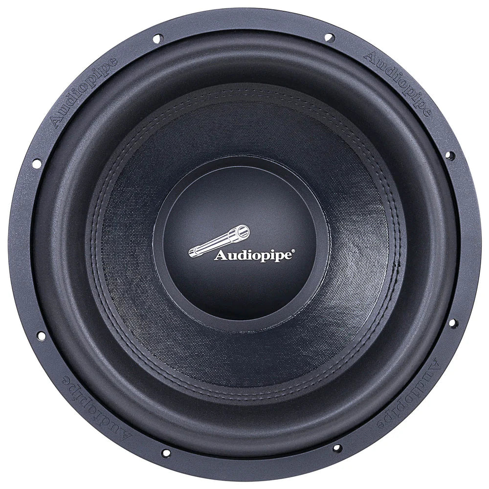 15-inch competition subwoofer, close-up front with black cone and logo
