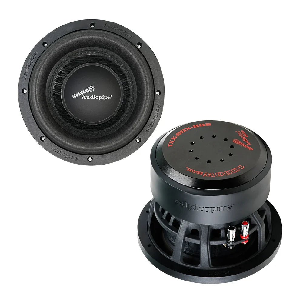 Audiopipe subwoofer pair showing front cone and rear dust cap with red markings