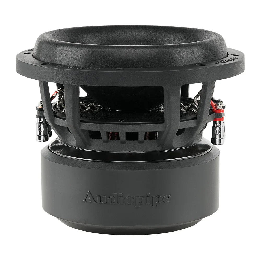 Audiopipe subwoofer with black frame and magnet housing, front-rear view