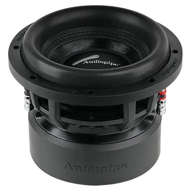 Audiopipe 8-inch car subwoofer from side view with black mounting frame
