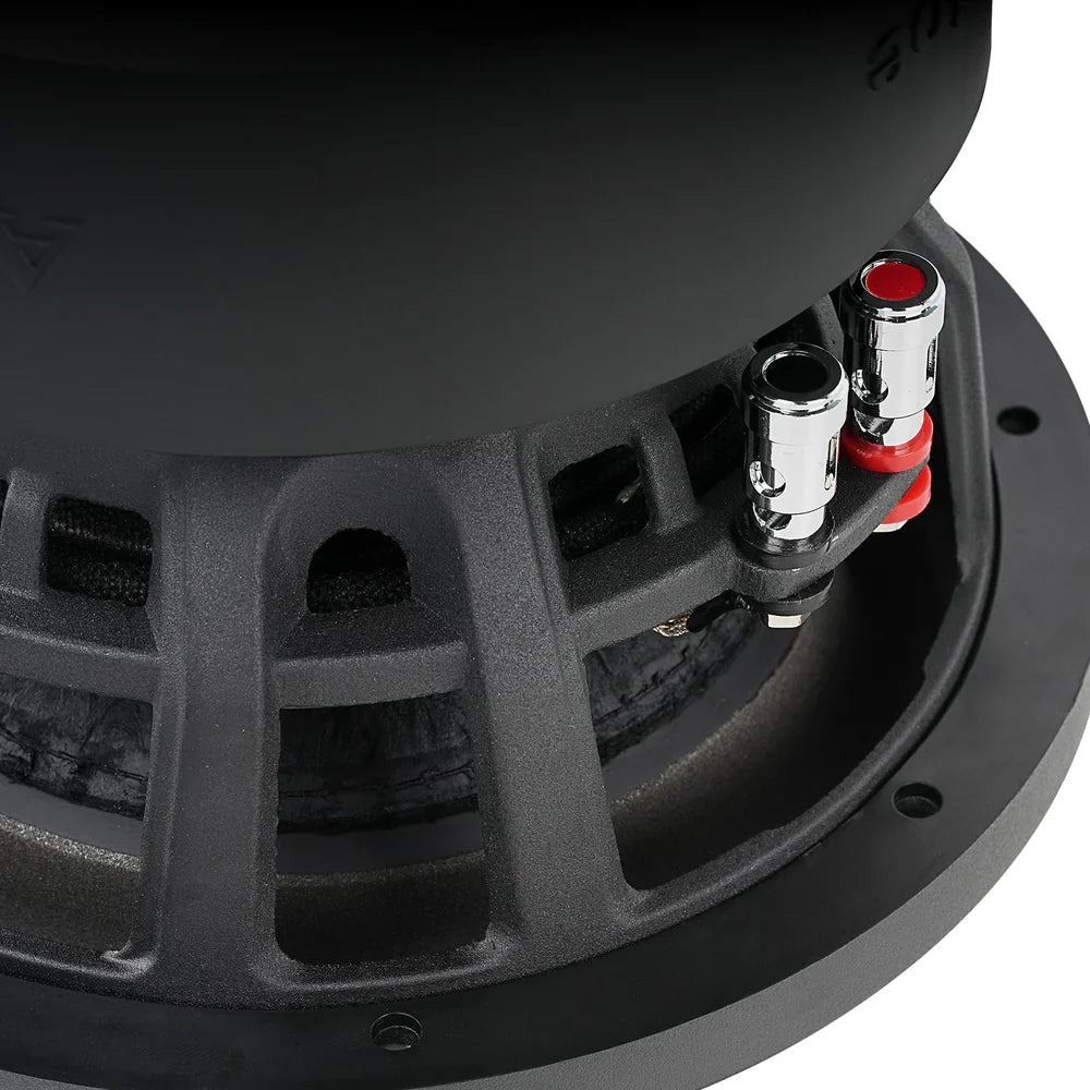 Audiopipe subwoofer close-up of dual speaker terminals with red accents