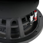 Audiopipe subwoofer close-up of dual speaker terminals with red accents