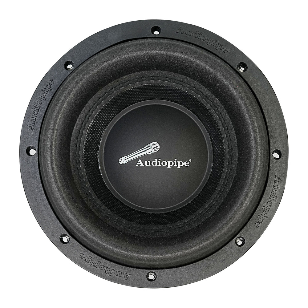 Audiopipe subwoofer cone detail with black surround and center logo