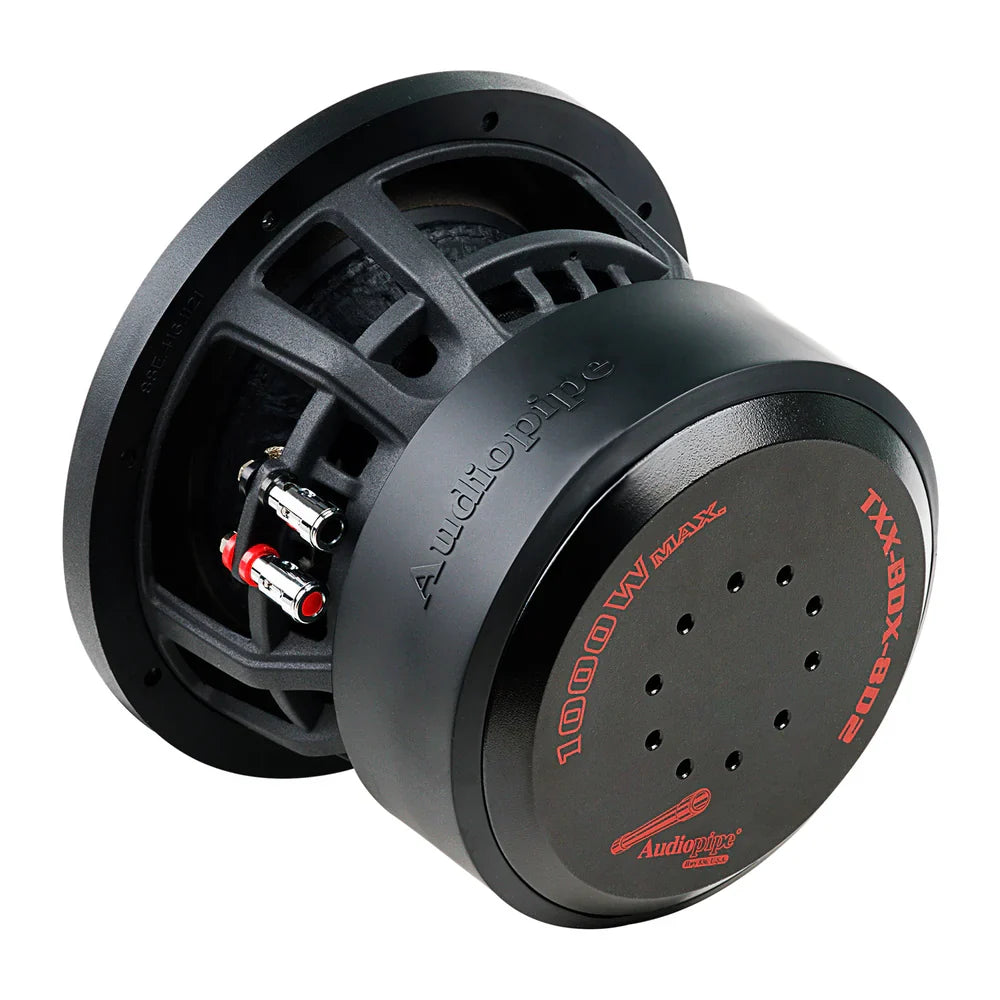 Audiopipe subwoofer angled rear view with red/black terminals and mounting bolts