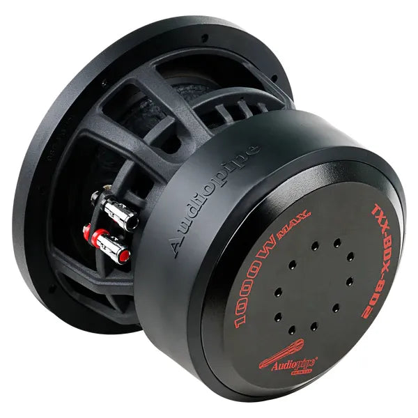 Audiopipe 8-inch DVC subwoofer with black basket and red terminal accents