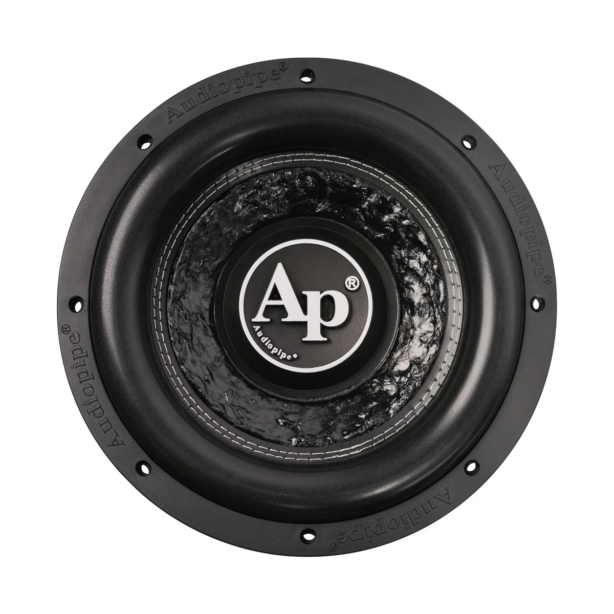 Black subwoofer driver showing cone surround and center cap with Audiopipe Ap logo