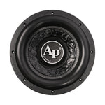 Black subwoofer driver showing cone surround and center cap with Audiopipe Ap logo