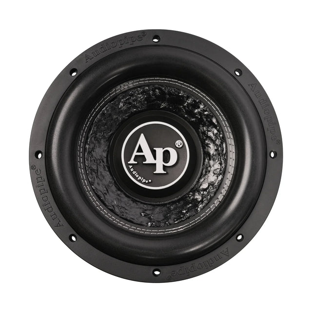 Black subwoofer driver showing cone surround and center cap with Audiopipe Ap logo