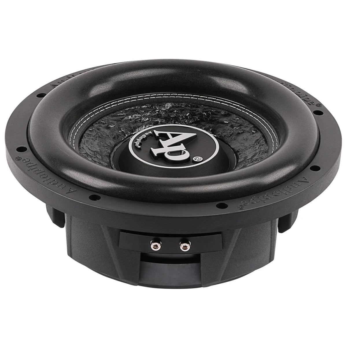 Black shallow-mount subwoofer driver with Audiopipe logo on front cone