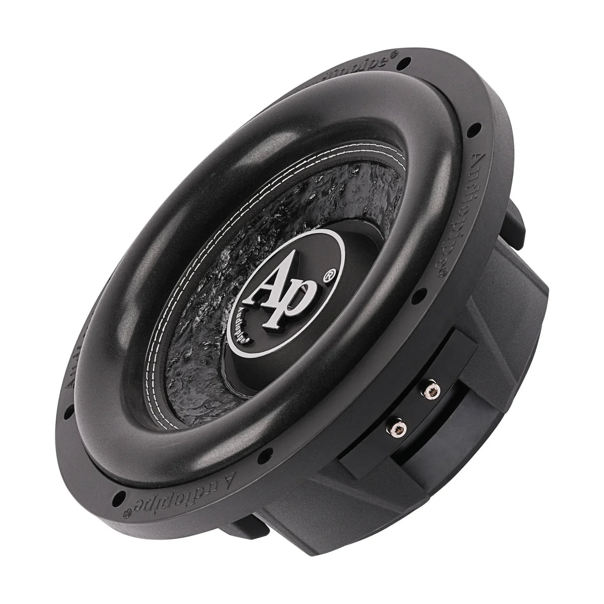 Black shallow-mount subwoofer driver angled view with mounting tabs and cone