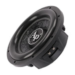 Black shallow-mount subwoofer driver angled view with mounting tabs and cone