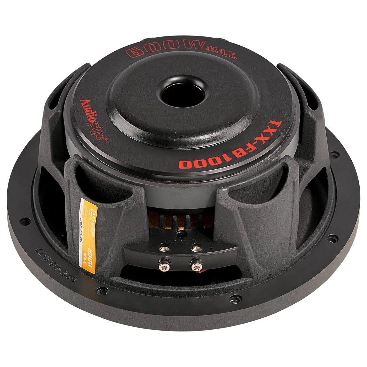 Black shallow-mount subwoofer rear view with wiring terminals and vented basket