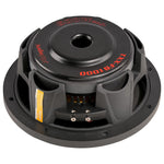 Black shallow-mount subwoofer rear view with wiring terminals and vented basket