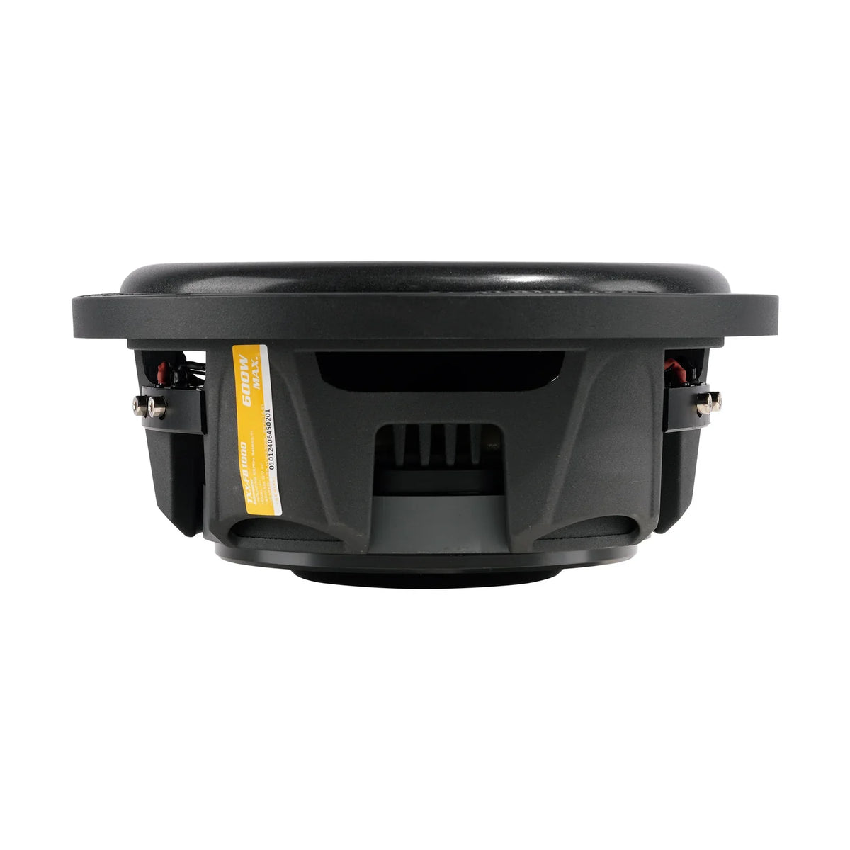 Black shallow-mount subwoofer from rear view with exposed speaker terminals