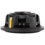 Black subwoofer with rear wiring terminals and vented magnet housing