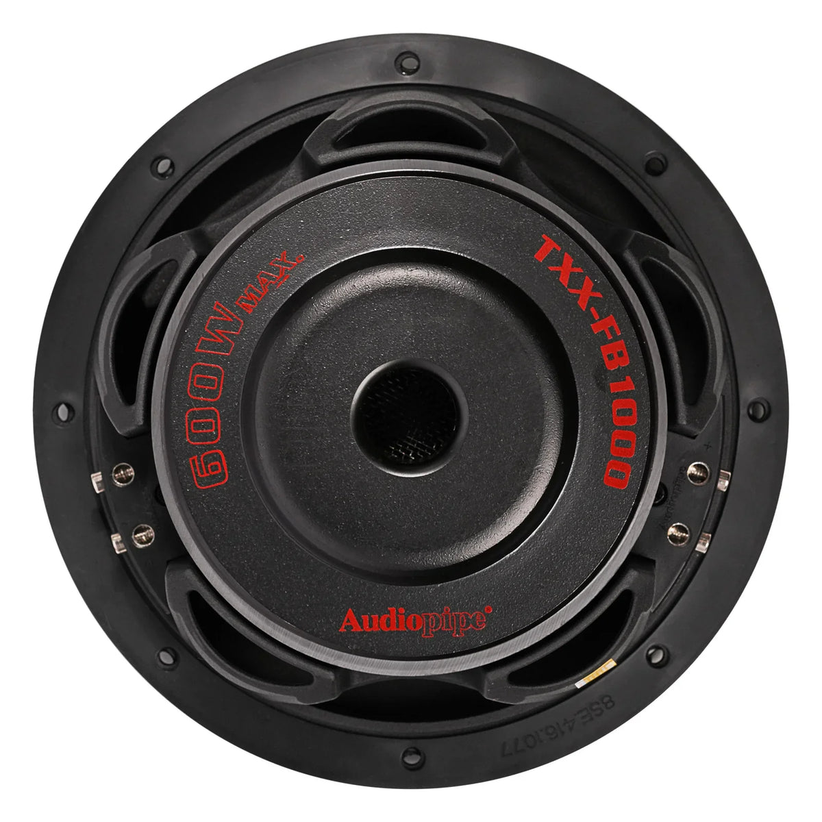 Black subwoofer face with red Audiopipe markings and vented plastic basket