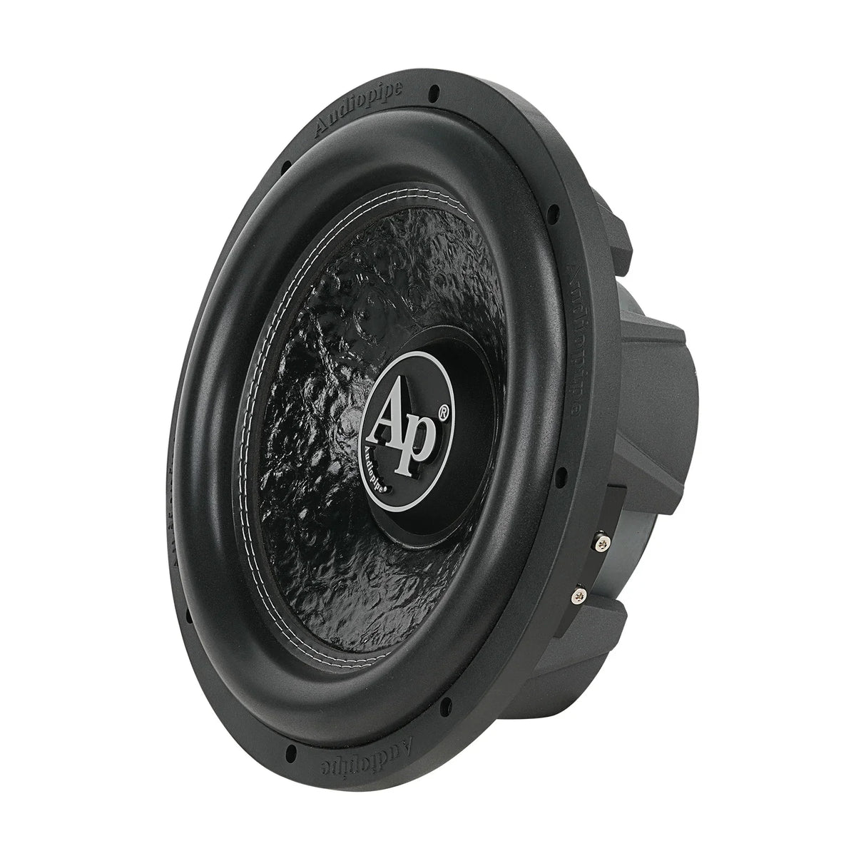 Car subwoofer from side angle with textured black cone and Ap center emblem