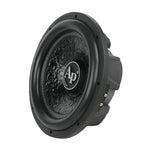 Car subwoofer from side angle with textured black cone and Ap center emblem