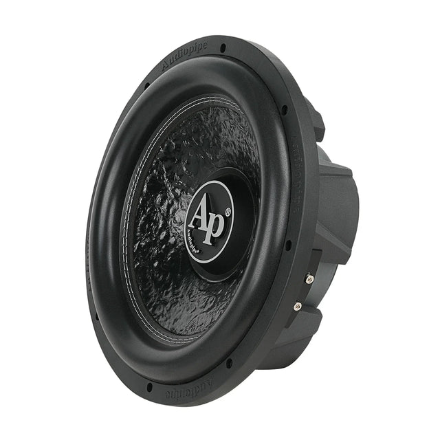 Car subwoofer from side angle with textured black cone and Ap center emblem