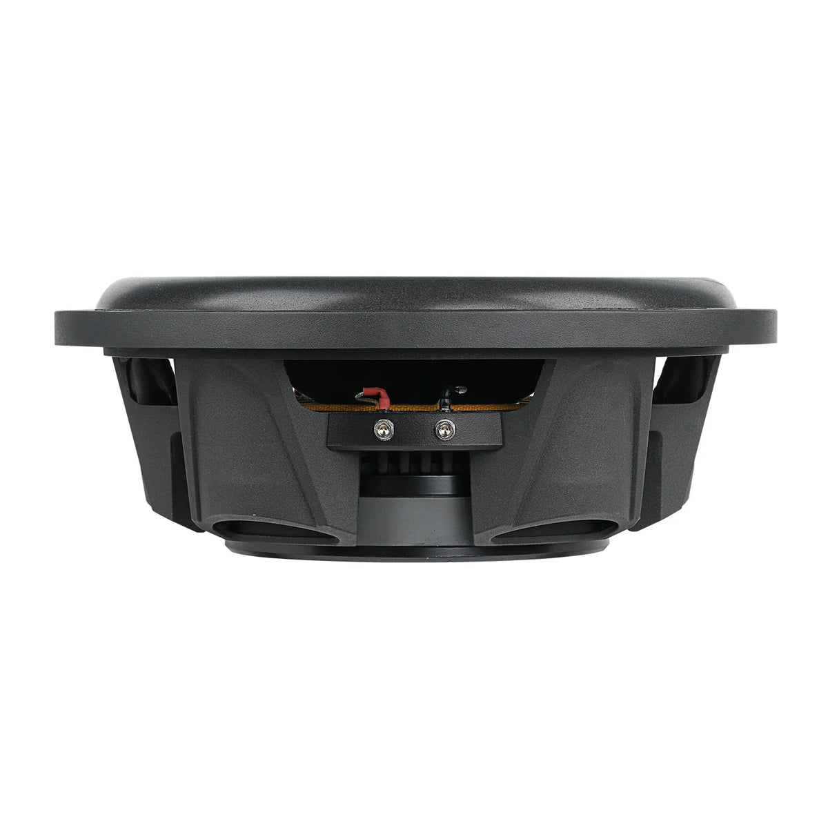 Shallow-mount subwoofer underside view with wire terminals and mounting frame