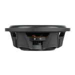 Shallow-mount subwoofer underside view with wire terminals and mounting frame