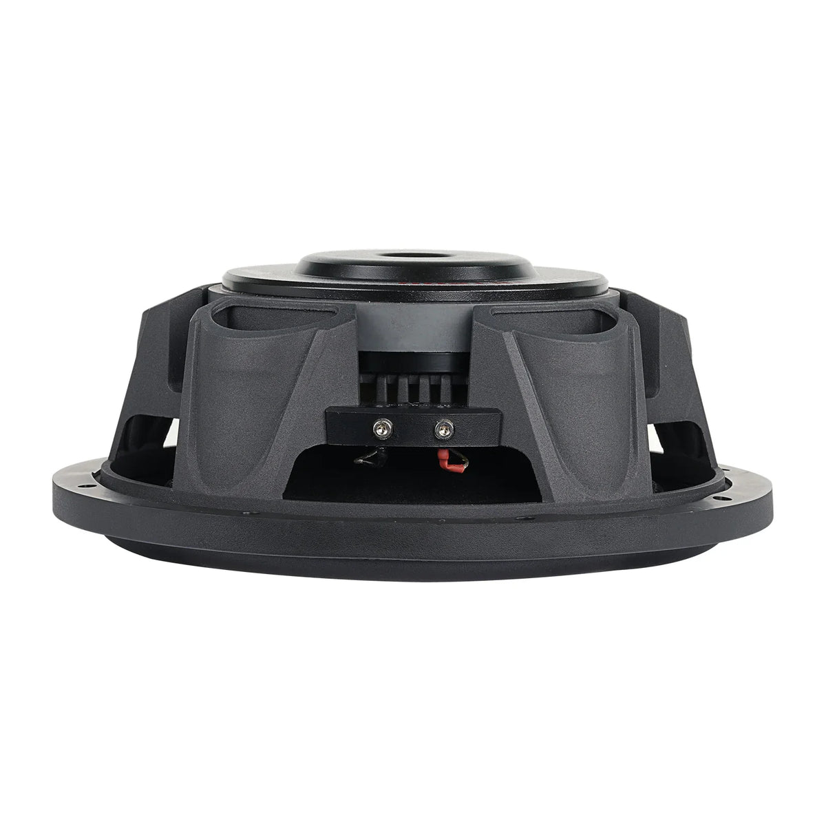 Shallow-mount subwoofer front section with visible black speaker terminals