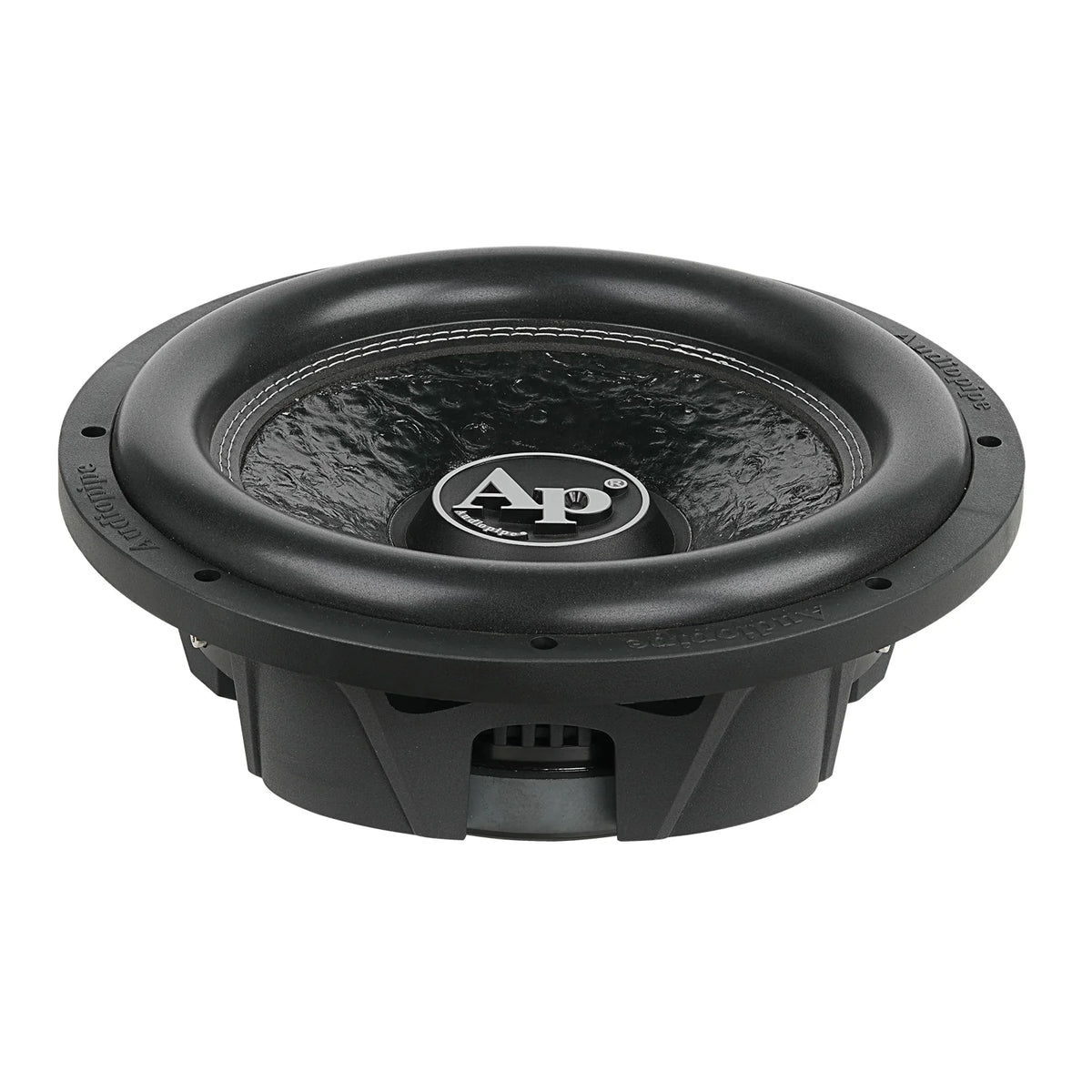 Shallow-mount car subwoofer with black cone and round center logo badge