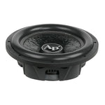 Shallow-mount car subwoofer with black cone and round center logo badge