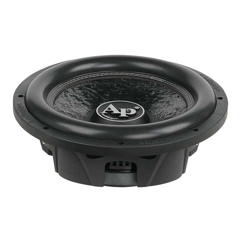 Shallow-mount car subwoofer with black cone and round center logo badge