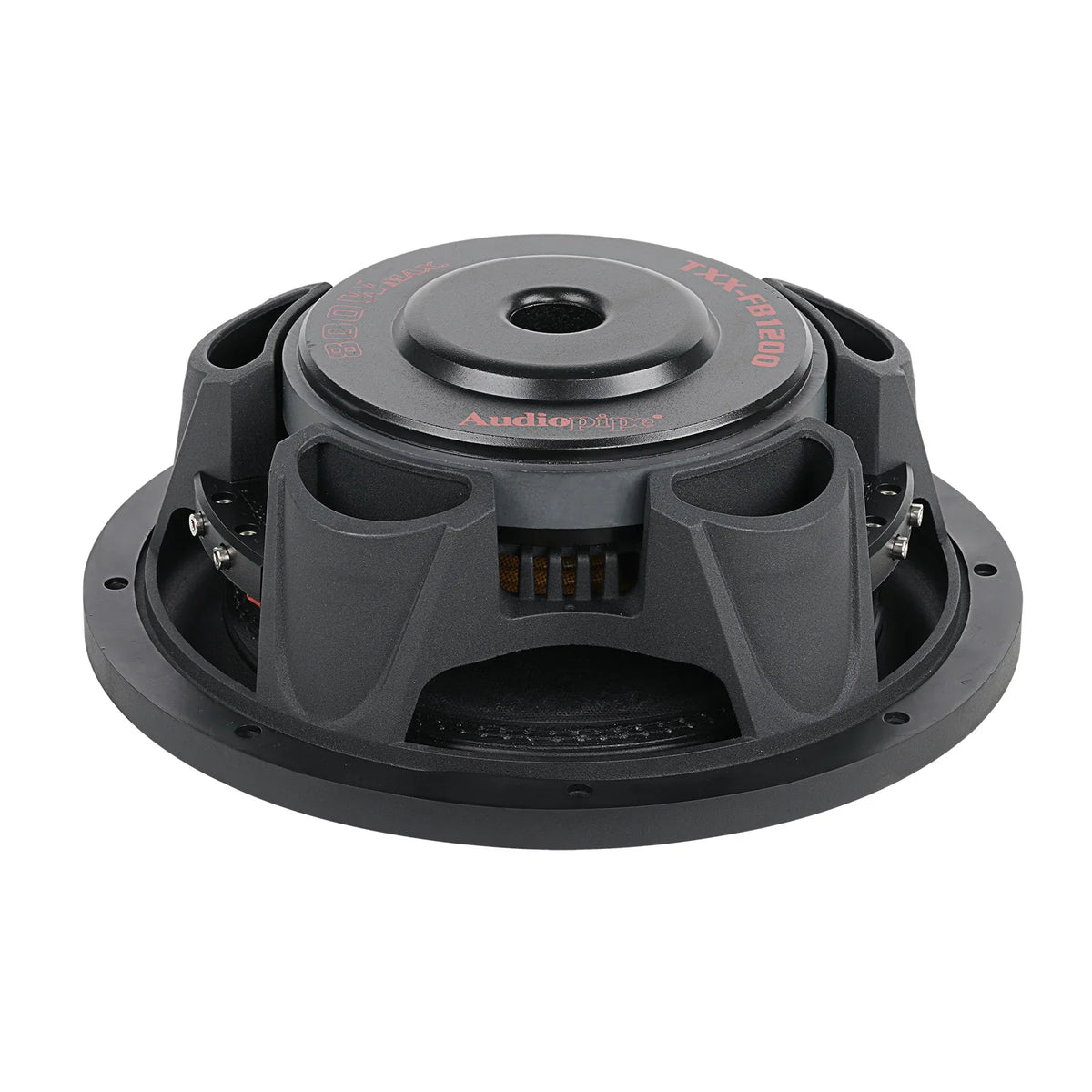 Subwoofer from above showing textured basket and central dust cap vent
