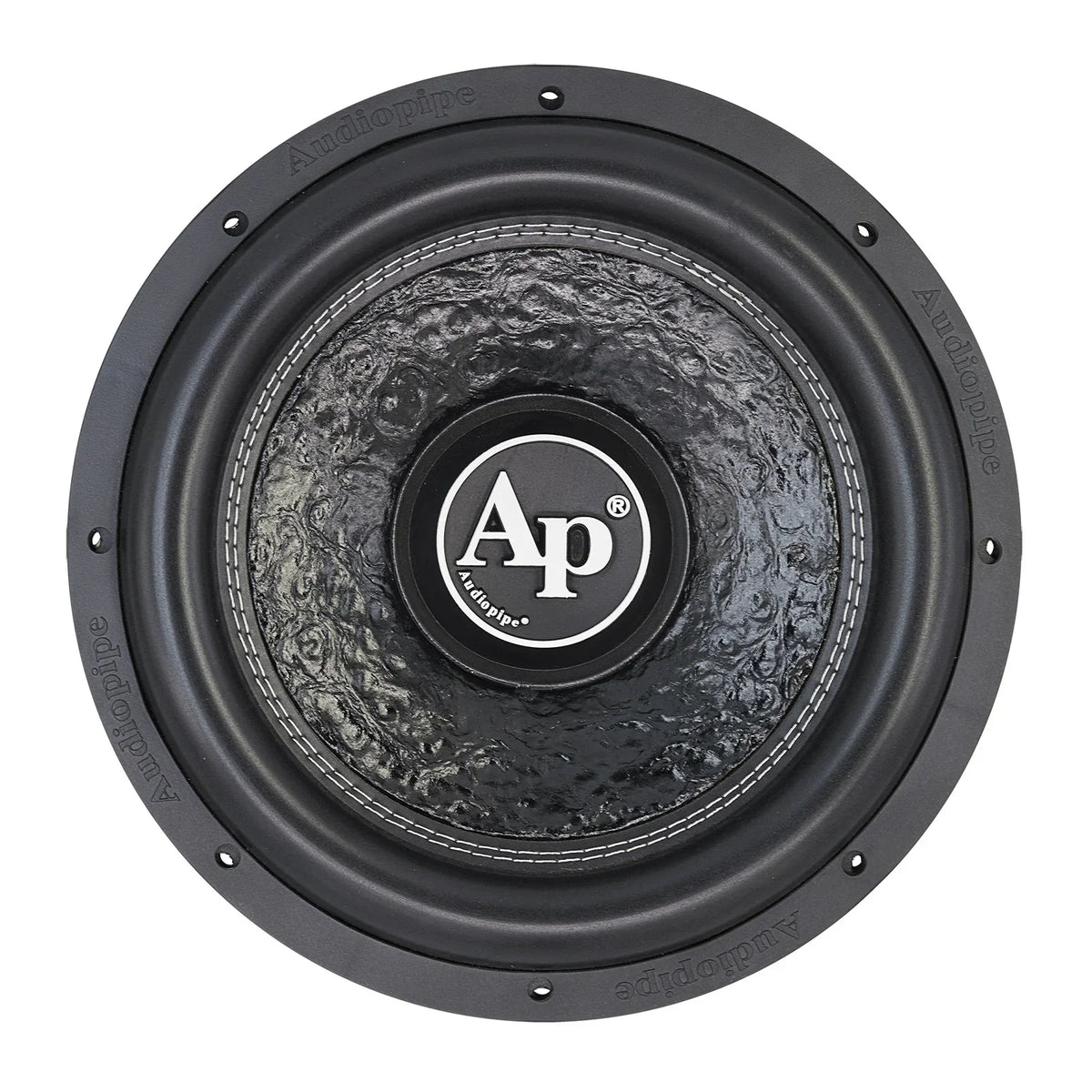 Front grille view of black subwoofer with textured cone and Ap badge
