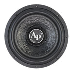 Front grille view of black subwoofer with textured cone and Ap badge