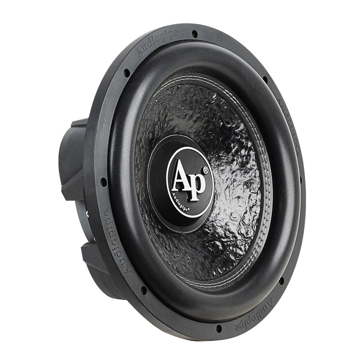 Subwoofer front-left angle with textured black cone and round Ap logo
