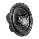 Subwoofer front-left angle with textured black cone and round Ap logo