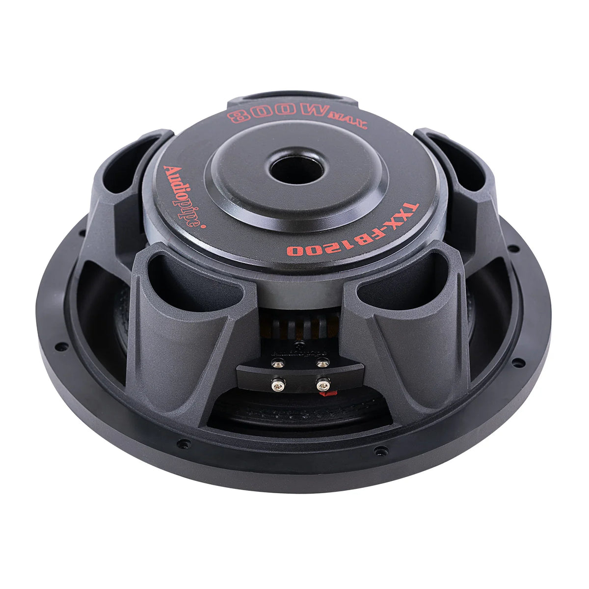 Shallow-mount subwoofer with cone facing up and black mounting base