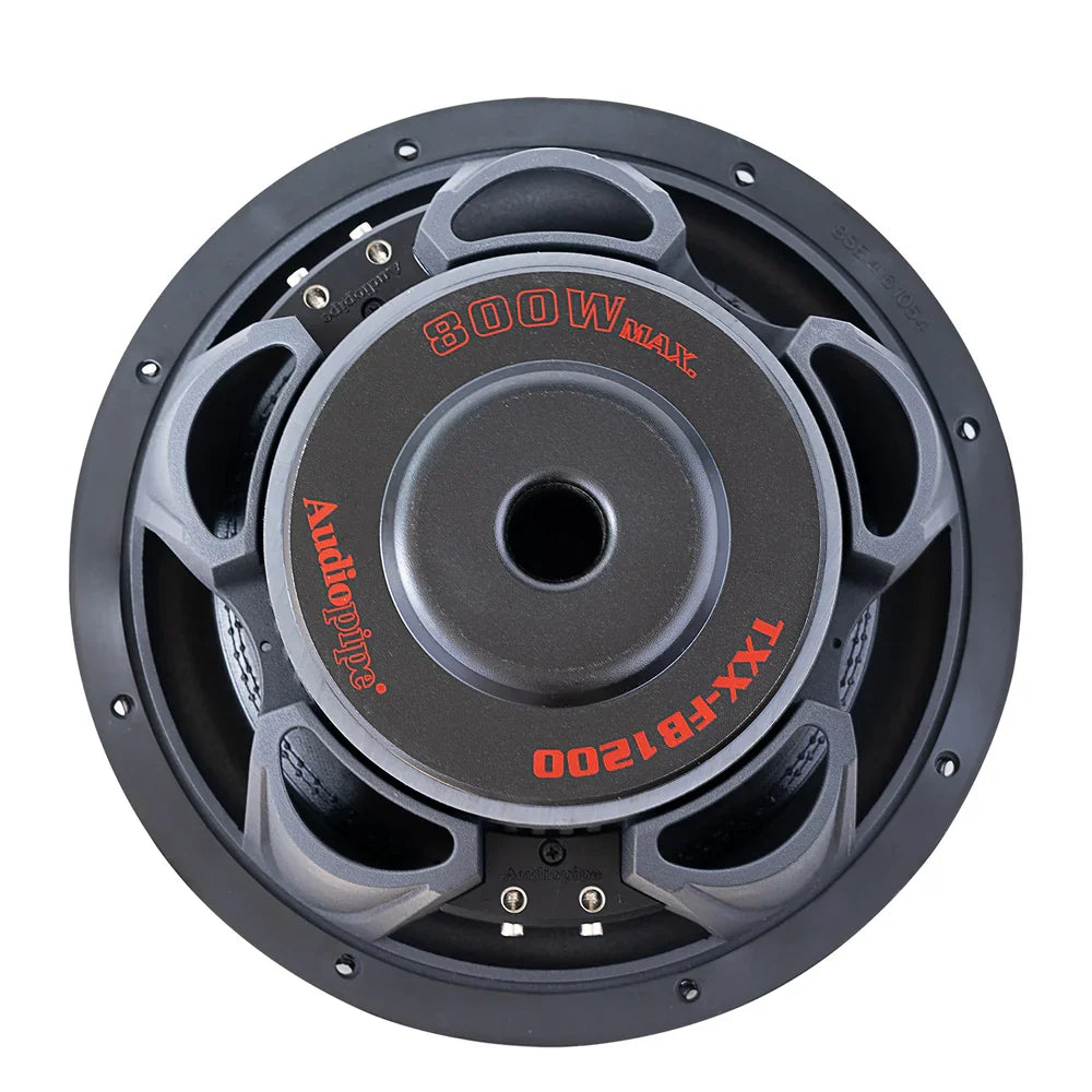 Subwoofer from above with dark cone, red text marking, and center terminal area