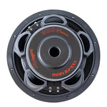 Subwoofer from above with dark cone, red text marking, and center terminal area