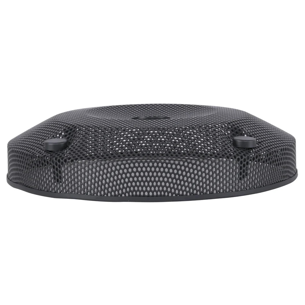 Top view of round black 10-inch subwoofer mesh grill cover with four corner posts