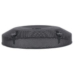 Top view of round black 10-inch subwoofer mesh grill cover with four corner posts