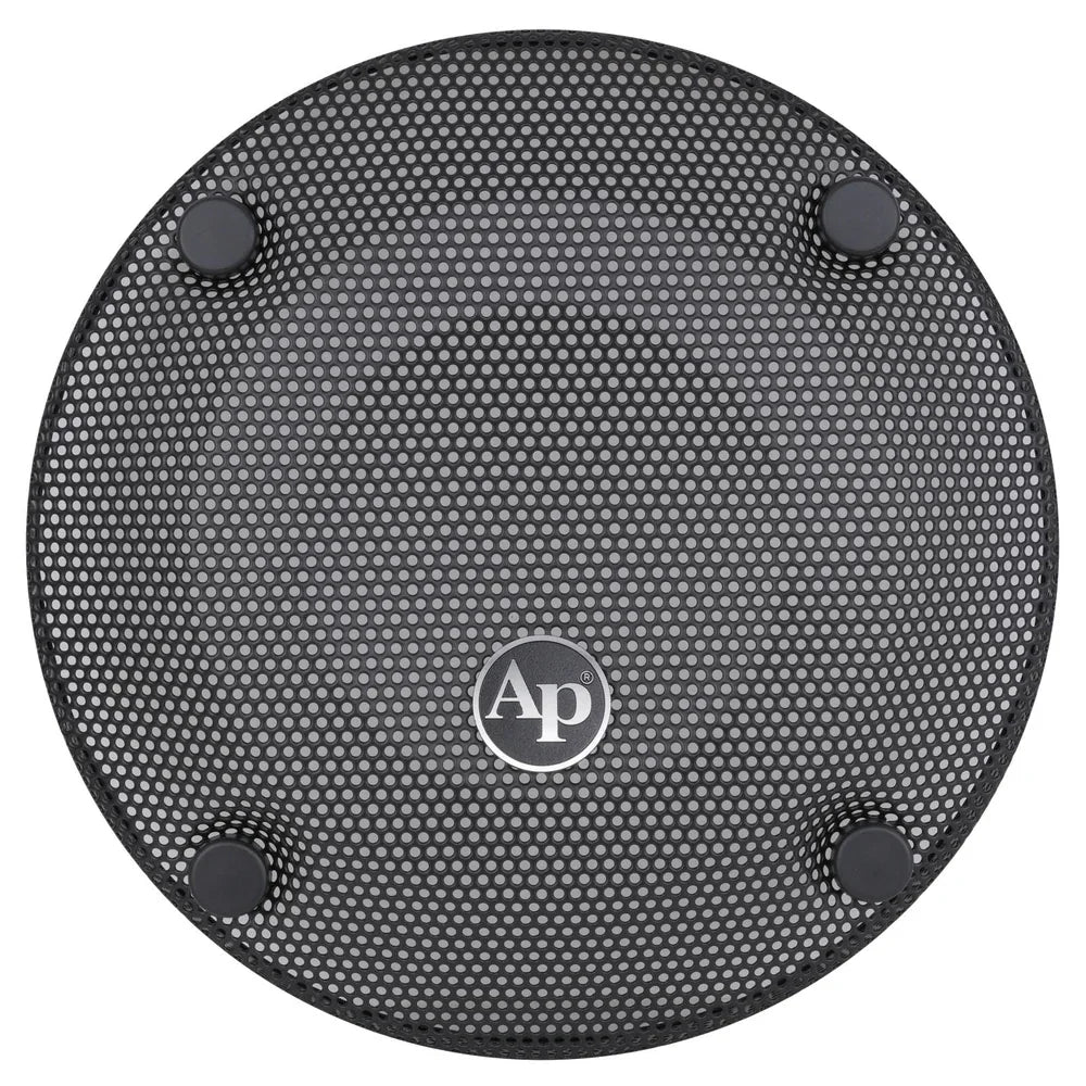 Front view of round black 10-inch subwoofer mesh grill with centered Ap logo